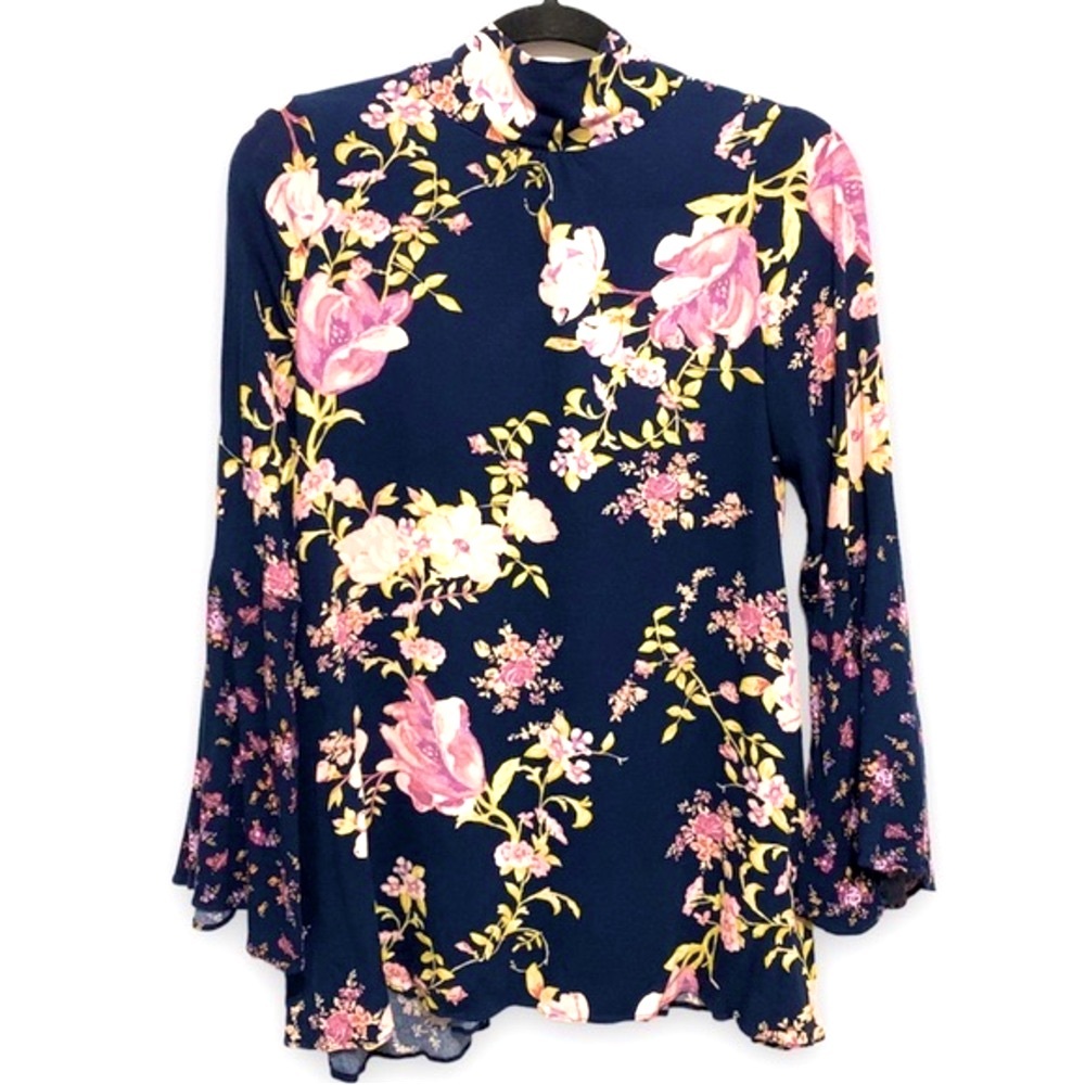 Free People Navy Blue Floral Print Mock Neck Bell Sleeve Tunic - Picture 1 of 6